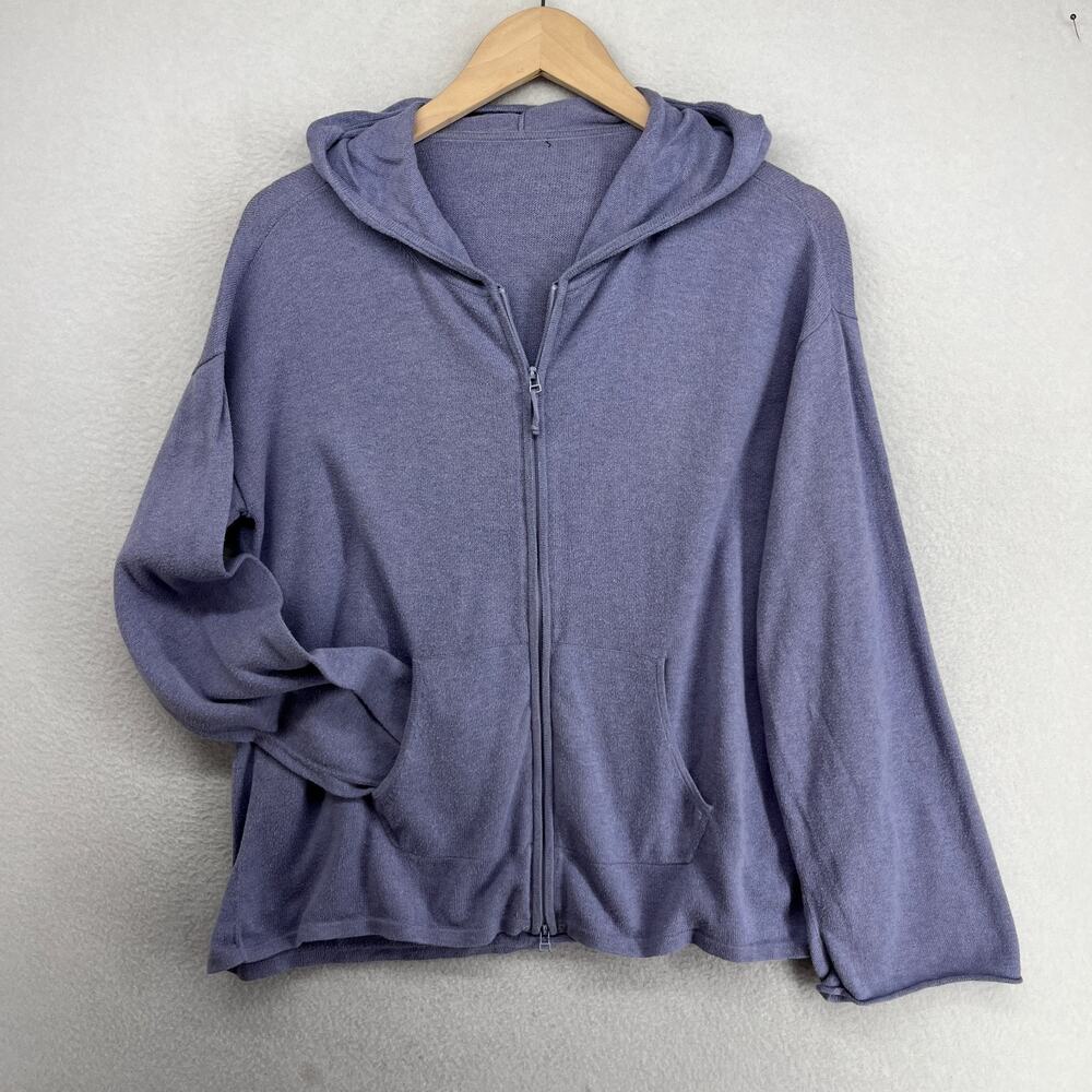 EILEEN FISHER Sweater M Organic Cotton Cardigan Hoodie 2 Way Zip Purple